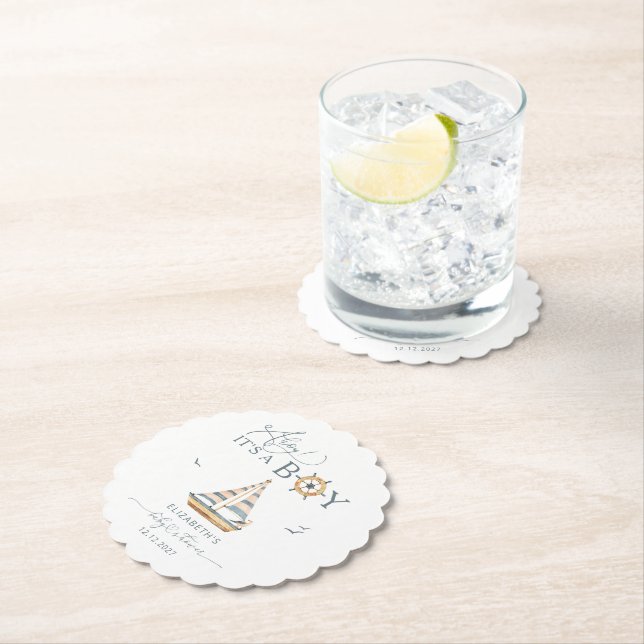 Ahoy It's a Boy Nautical Sailboat Paper Coaster (Insitu)