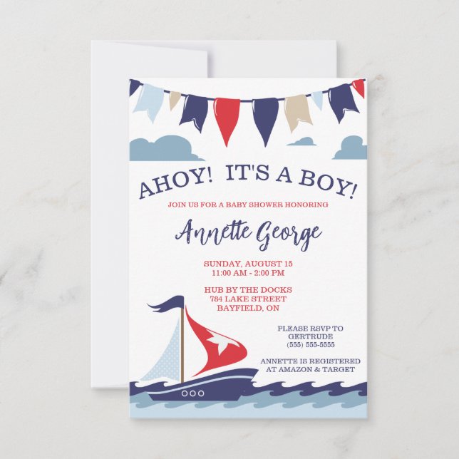 AHOY! It's a BOY! Nautical Sailing Baby Shower Invitation (Front)