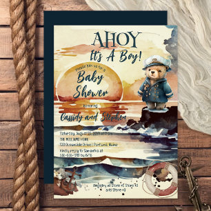 Ahoy, It's A Boy Nautical Teddy Bear Baby Shower Invitation