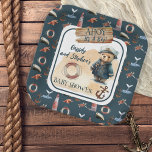 Ahoy, It's A Boy Nautical Teddy Bear Baby Shower Paper Plate<br><div class="desc">Set sail for a delightful nautical-themed baby shower with our "Ahoy, It's A Boy" Teddy Bear invitation and accessories template collection. This charming design features a Teddy Bear dressed in a captain's uniform, standing on the sandy beach with a wooden "Ahoy It's A Boy!" sign above, a life preserver and...</div>