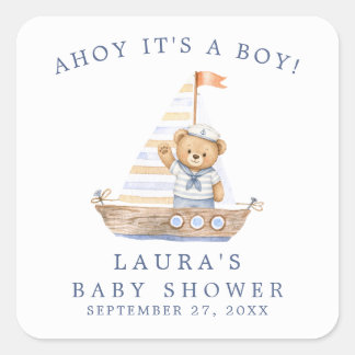 Ahoy It's a Boy Nautical Teddy Bear Baby Shower Square Sticker
