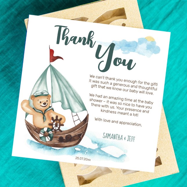 Ahoy it's a boy nautical teddy bear baby shower thank you card (Creator Uploaded)