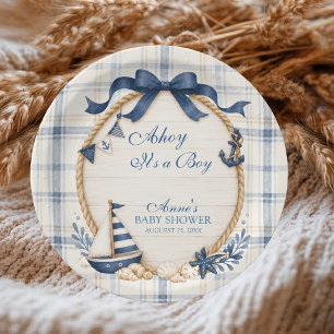 Ahoy It's a Boy Navy Blue Plaid Sailboat Anchor Paper Plate
