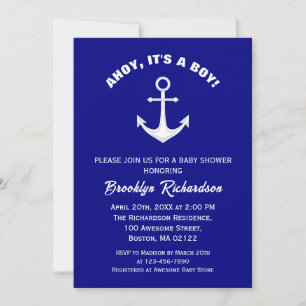 Ahoy Its A Boy Navy Blue White Anchor Baby Shower Invitation