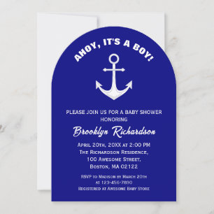 Ahoy Its A Boy Navy Blue White Anchor Baby Shower Invitation