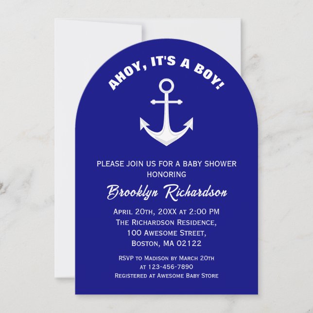 Ahoy Its A Boy Navy Blue White Anchor Baby Shower Invitation (Front)