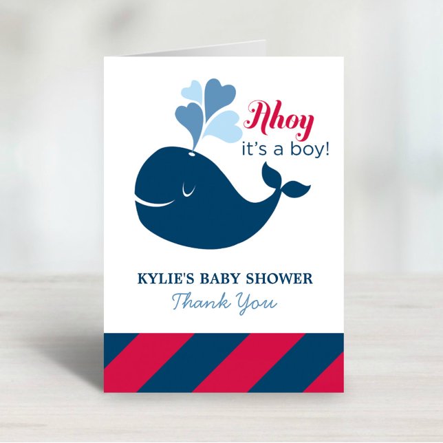 Ahoy, it's a Boy Navy Nautical Whale Baby Shower Thank You Card (Creator Uploaded)