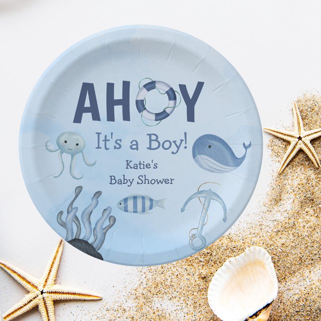 Ahoy It's a Boy Ocean Animals Coastal Baby Shower Paper Plate (Creator Uploaded)