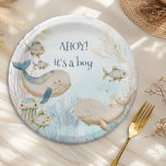 Ahoy its a Boy Ocean Life Whale Baby Shower Paper Plate<br><div class="desc">Ahoy it's a boy! (editable) whale baby shower paper plates. Natural and gentle watercolor design in blue and beige with whales swimming under the sea with fish and coral. Whimsical lettering and boho styling, perfect for whale baby shower, nautical baby shower, under the sea and ocean animal themes. For co-ordinating...</div>