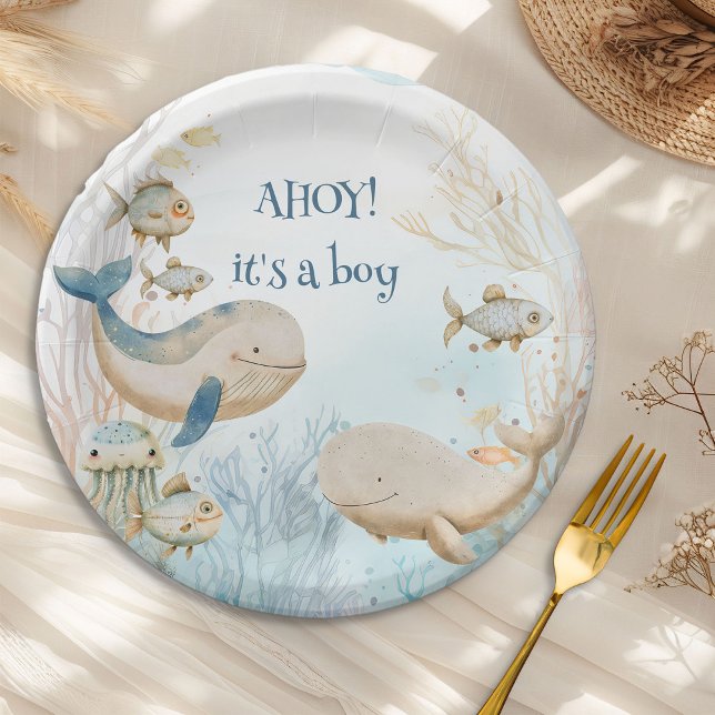 Ahoy its a Boy Ocean Life Whale Baby Shower Paper Plate (Ahoy its a Boy paper plates from the Whale Baby Shower Collection by Darling & May)