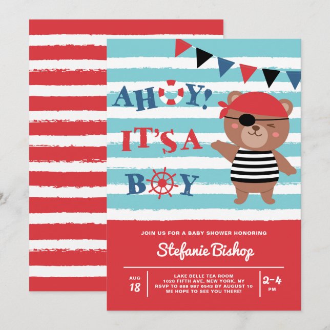 Ahoy It's a Boy Pirate Bear Nautical Baby Shower Invitation (Front/Back)