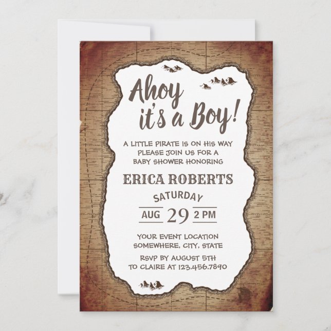Ahoy It's a Boy Pirate Treasure Map Baby Shower Invitation (Front)