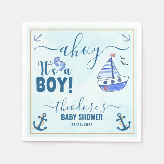 Ahoy its a Boy Sailboat Baby Shower Watercolor Napkin (Front)
