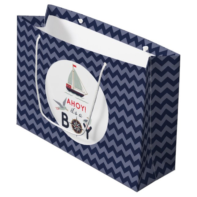 Ahoy! It's A Boy Sailboat Nautical Baby Shower Large Gift Bag (Front Angled)