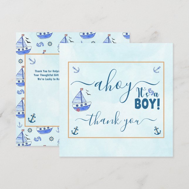 Ahoy it's a Boy Sailboat Nautical Baby Shower  Tha Thank You Card (Front/Back)