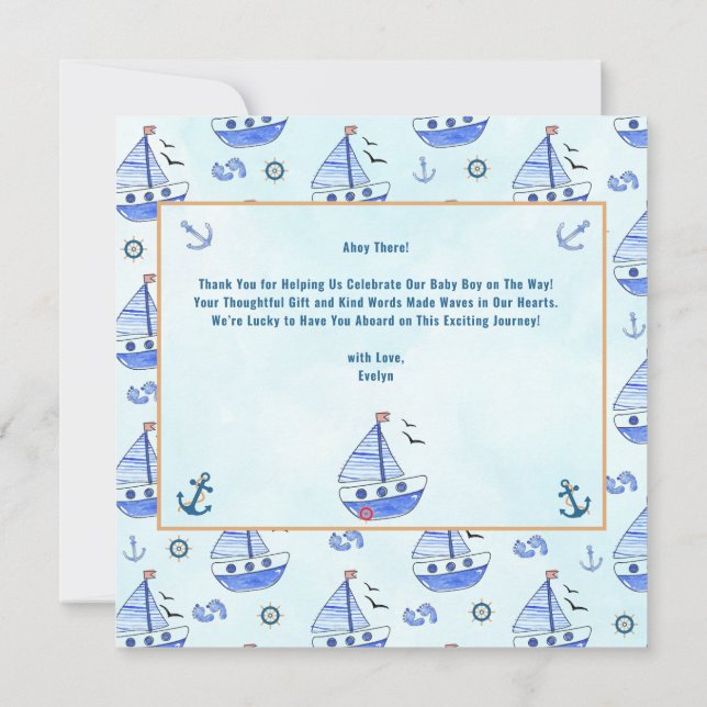 Ahoy it's a Boy Sailboat Nautical Baby Shower  Thank You Card (Back)