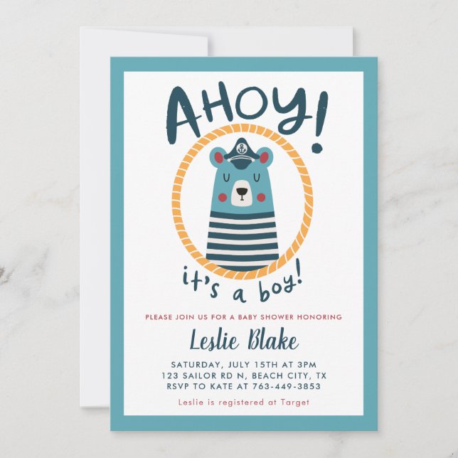 Ahoy It's A Boy Sailor Bear Baby Shower Invitation (Front)