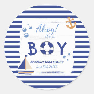 Ahoy It's A Boy! Sailor Marine Blue Baby Shower Classic Round Sticker