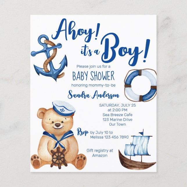 Ahoy its a boy teddy bear baby shower budget invit (Front)