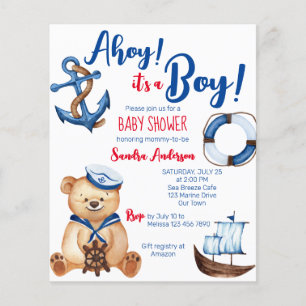 Ahoy its a boy teddy bear baby shower budget invit