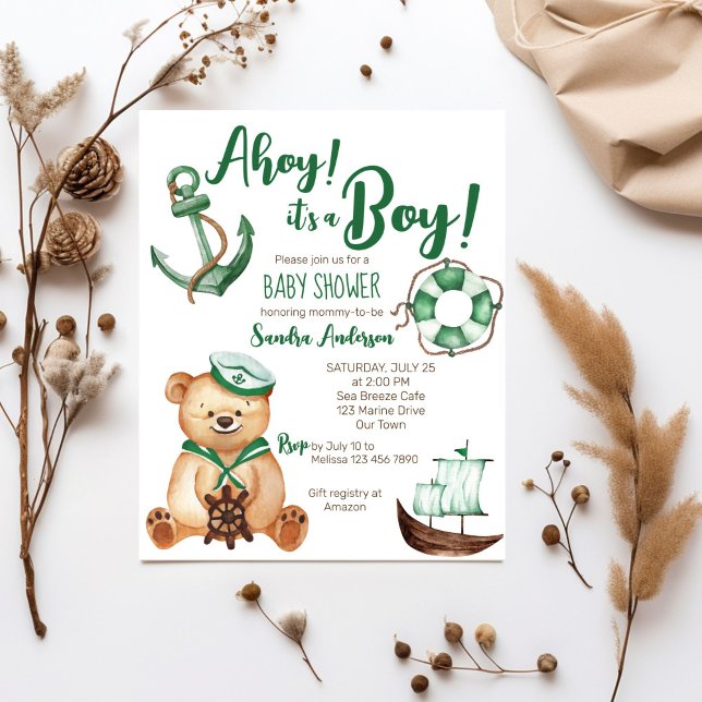 Ahoy its a boy teddy bear baby shower budget invit (Ahoy it's a boy nautical teddy bear baby shower budget invitation green brown white cute teddy)