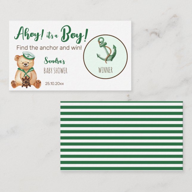 Ahoy its a boy teddy bear baby shower enclosure card (Front/Back)