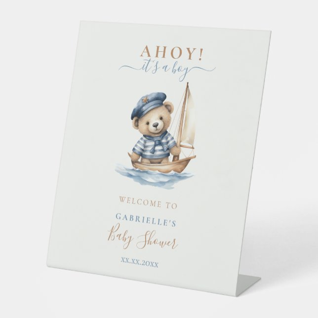 Ahoy it's a Boy Teddy Bear Baby Shower Welcome Pedestal Sign (Front)