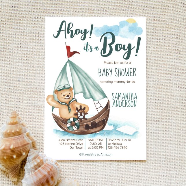 Ahoy it's a boy teddy bear nautical baby shower invitation (Creator Uploaded)
