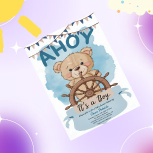 Ahoy It's A Boy Teddy Bear Sailboat Baby Shower Invitation