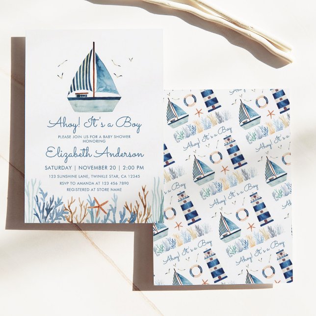 Ahoy! It's a Boy Watercolor Sailboat Baby Shower Invitation (Creator Uploaded)