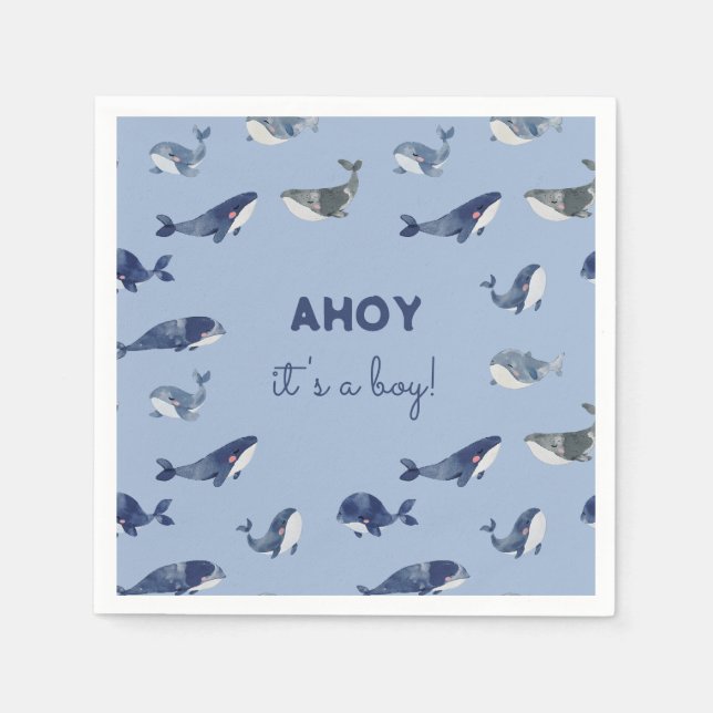 AHOY It's a Boy Whale Baby Shower Napkin (Front)