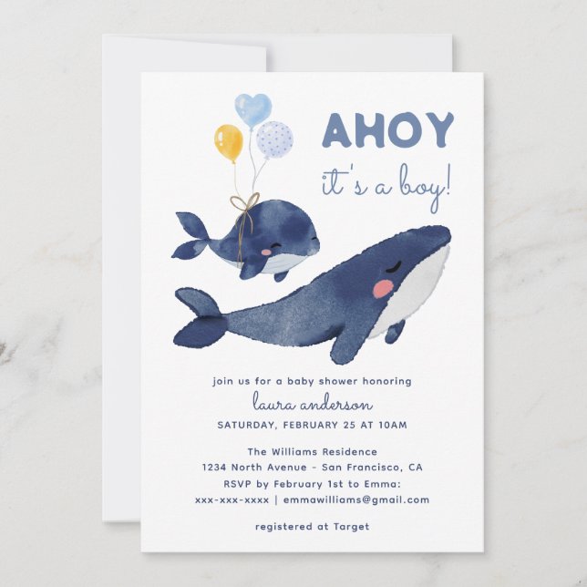AHOY It's a Boy! Whale Mum Baby Shower Invitation (Front)