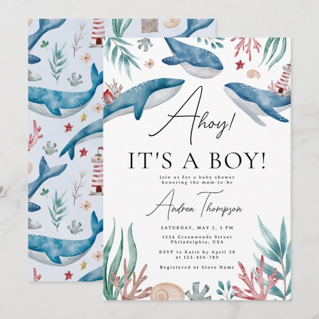 Ahoy It's a Boy Whale Under the Sea Baby Shower Invitation (Front/Back)