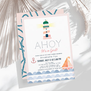 Ahoy It's a Girl Nautical Pink Girl Baby Shower Invitation