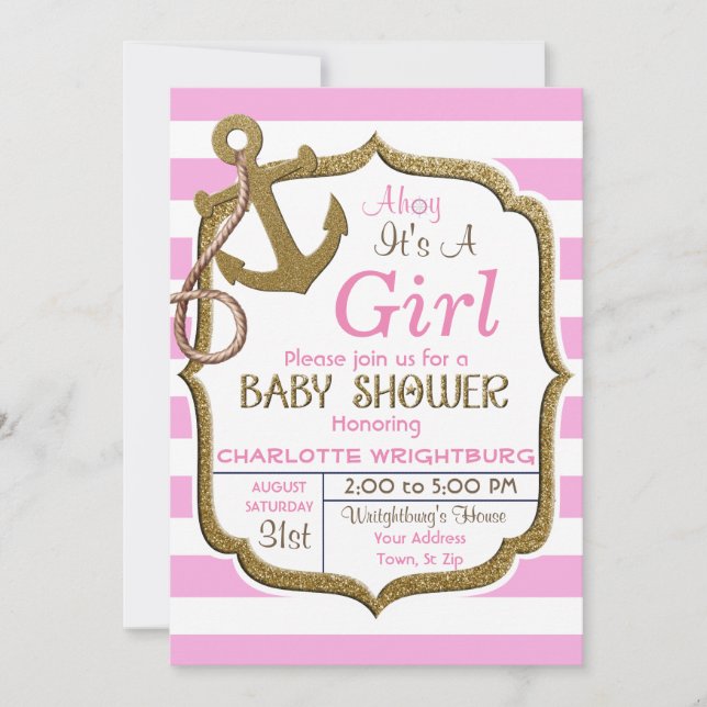 Ahoy It's A Girl Nautical Theme Baby Invitation (Front)