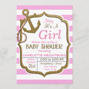 Ahoy It's A Girl Nautical Theme Baby Invitation