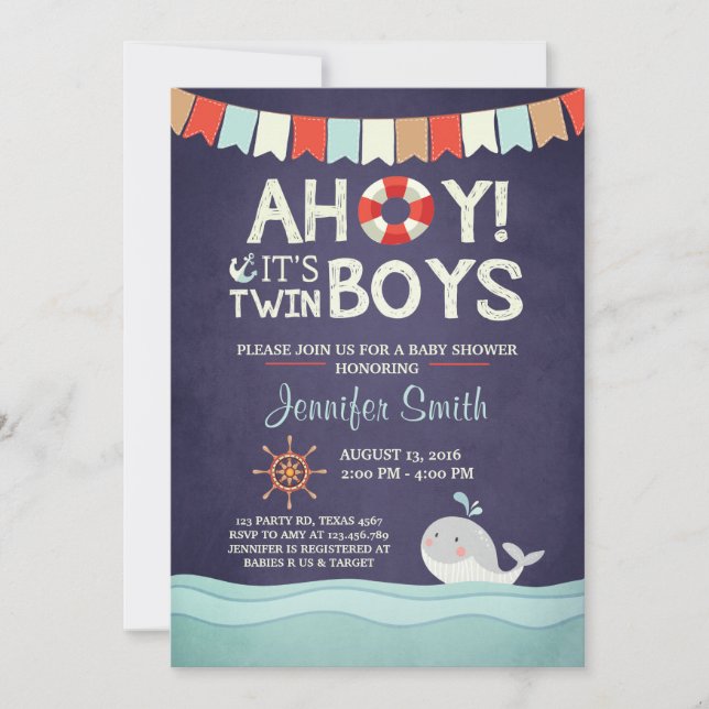 Ahoy It's Twin Boys Shower Invitate Ocean Nautical Invitation (Front)