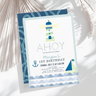 Ahoy Lighthouse Nautical Blue Boy 1st Birthday Invitation