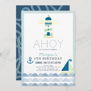 Ahoy Lighthouse Nautical Blue Boy Birthday Invitation