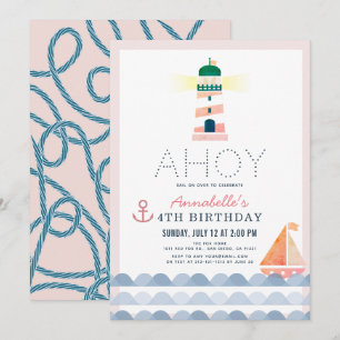 Ahoy Lighthouse Nautical Pink Girl Birthday Invitation