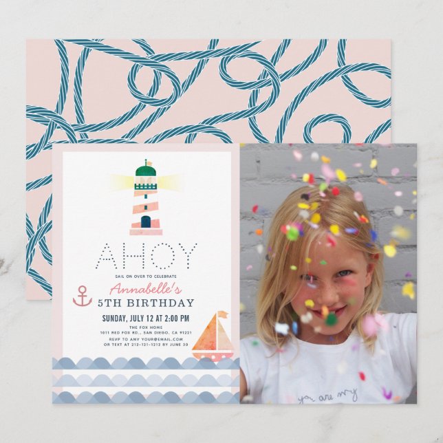 Ahoy Lighthouse Nautical Pink Girl Photo Birthday Invitation (Front/Back)