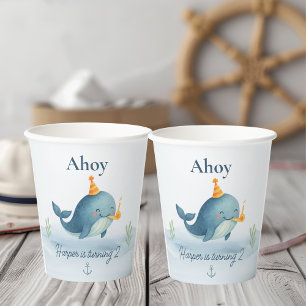 Ahoy Little Sailor Birthday Cup   Whale Nautical 