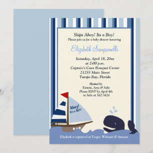 Ahoy Mate Blue Stripe Whale Baby Shower 5x7 Invitation