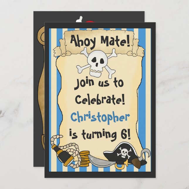 Ahoy Mate! Pirate Skull n Crossbones Blue Birthday Invitation (Front/Back)
