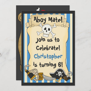 Ahoy Mate! Pirate Skull n Crossbones Blue Birthday Invitation