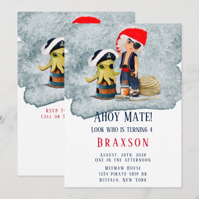 Ahoy Mate Pirates Boy Birthday Party Invitation (Front/Back)