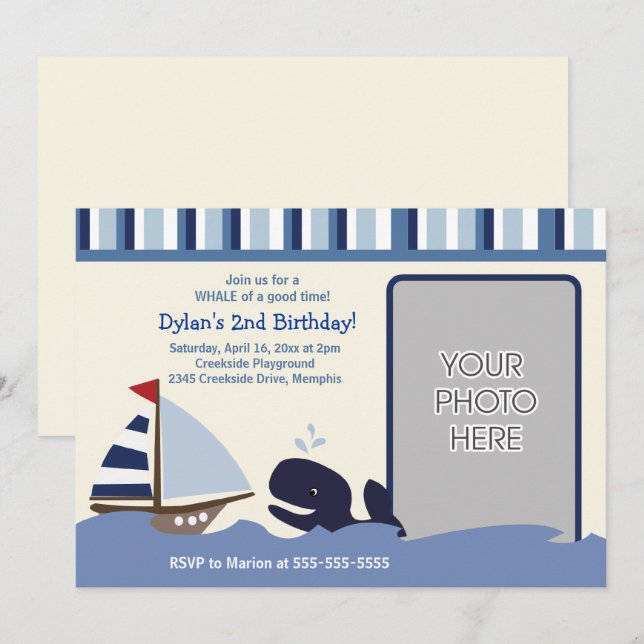 Ahoy Mate Sailboat Navy Whale Birthday Photo Invitation (Front/Back)