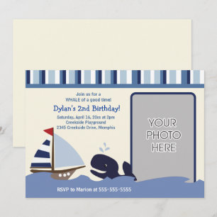 Ahoy Mate Sailboat Navy Whale Birthday Photo Invitation