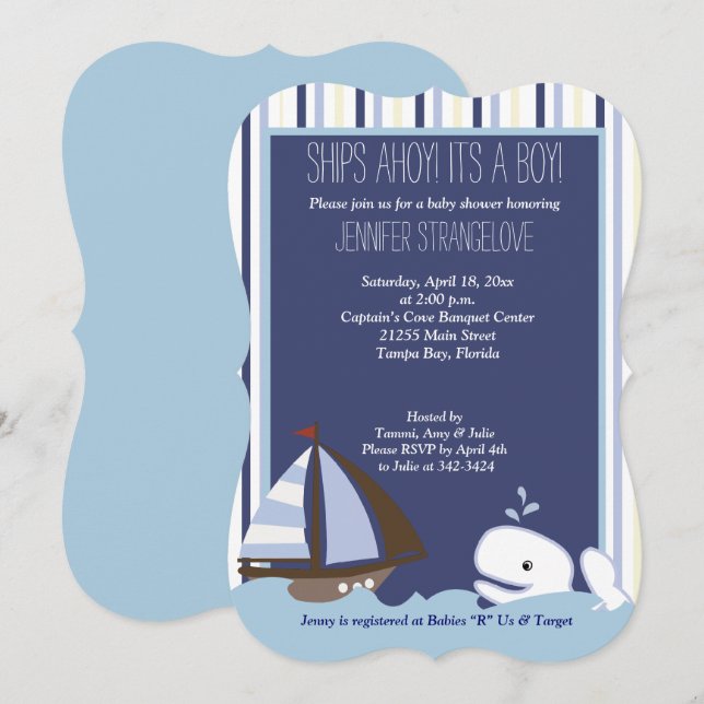 Ahoy Mate Whale Sailboat Baby Shower die cut Invitation (Front/Back)