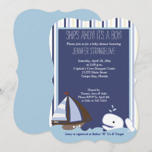 Ahoy Mate Whale Sailboat Baby Shower die cut Invitation